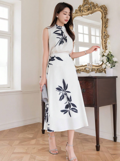 White Elegant floral Halterneck Top & Chiffon Skirt Set