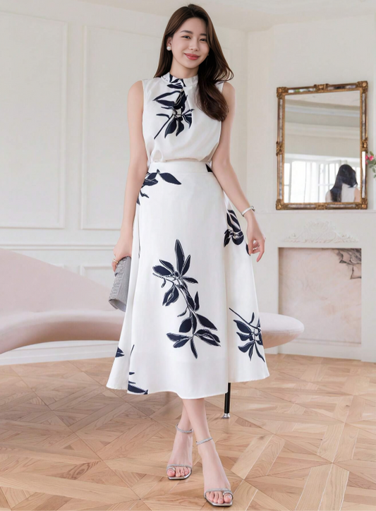 White Elegant floral Halterneck Top & Chiffon Skirt Set