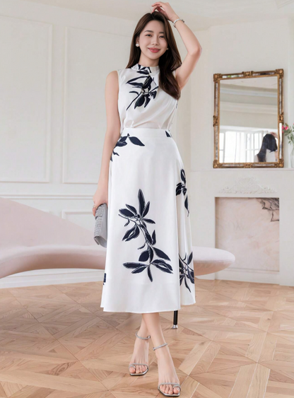 White Elegant floral Halterneck Top & Chiffon Skirt Set