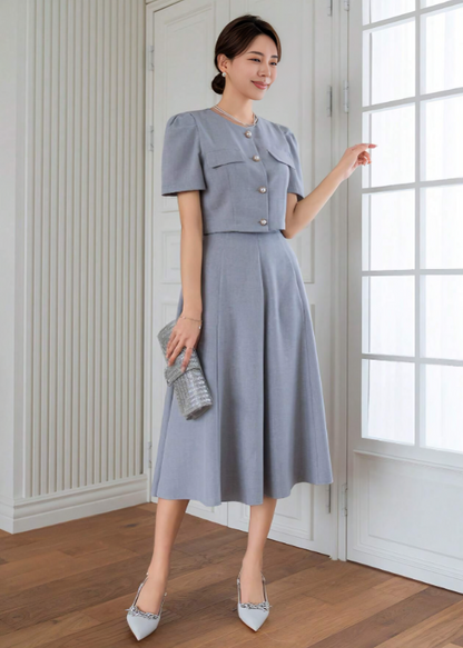 Gray Elegant Puff Sleeve Two-Piece Set