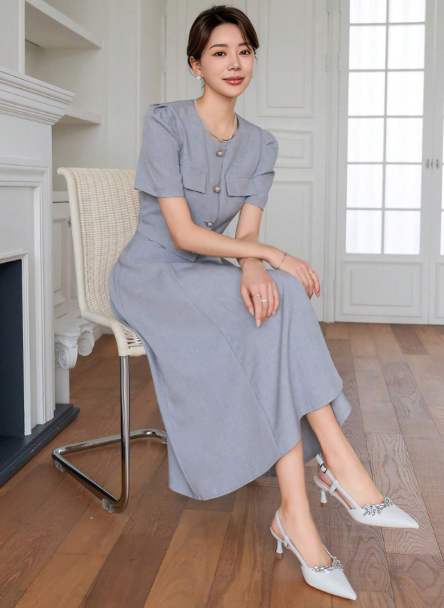 Gray Elegant Puff Sleeve Two-Piece Set