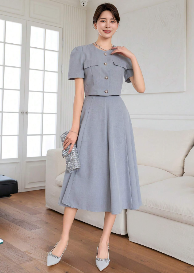 Gray Elegant Puff Sleeve Two-Piece Set